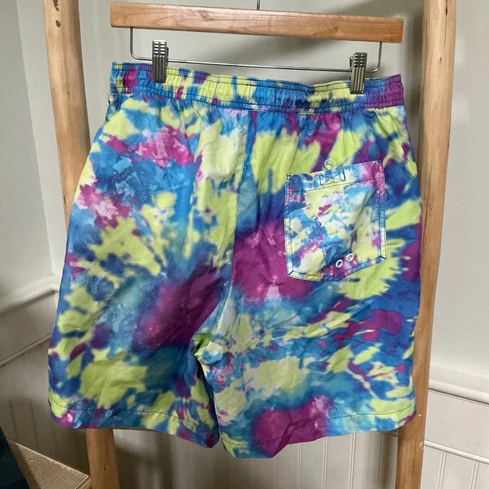 American Eagle Mens‎ Tie Dye Swim Trunks Blue Purple Yellow Mesh Liner Medium